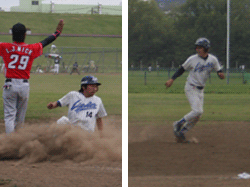 三塁滑り込むナベ、１－２塁間挟まれるゲンキ