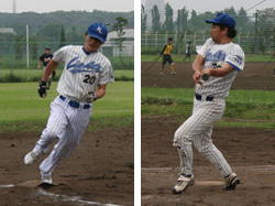 ４回オサムタイムリー３塁回るブン