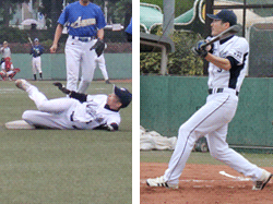 滑り込んだ走者と打者